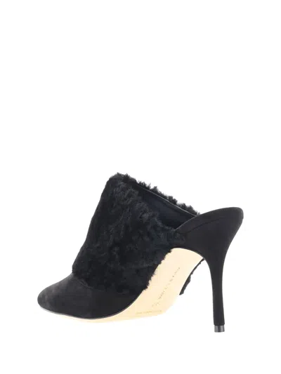 Manolo Blahnik Suede Pelos Mules With Eco-fur Detail 10cm In Black