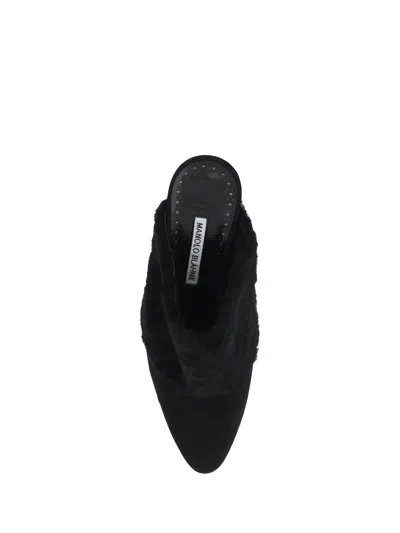 Manolo Blahnik Suede Pelos Mules With Eco-fur Detail 10cm In Black