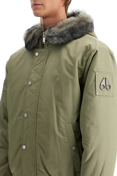 Moose Knuckles Denali Green Bomber Jacket With Hood And Logo Patch On The Sleeve In Tech Fabric Woman In Sage W/sage Sh (green)
