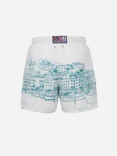 Mc2 Saint Barth Man Mid-length Gustavia Swim-shorts With Cannes Placed Print In White