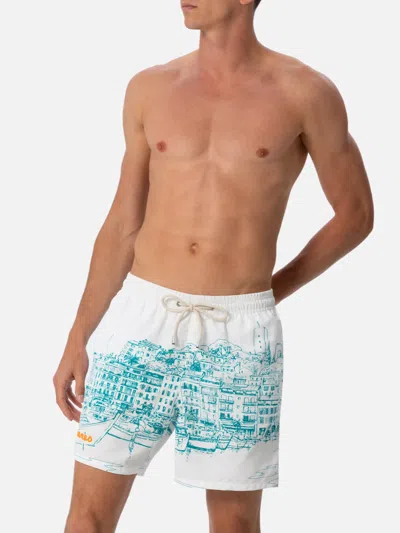 Mc2 Saint Barth Man Mid-length Gustavia Swim-shorts With Cannes Placed Print In White