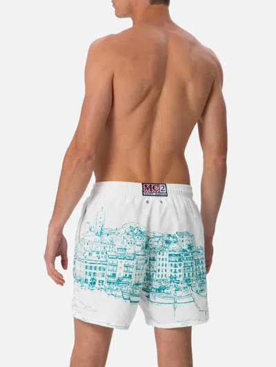 Mc2 Saint Barth Man Mid-length Gustavia Swim-shorts With Cannes Placed Print In White