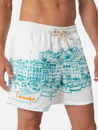 Mc2 Saint Barth Man Mid-length Gustavia Swim-shorts With Cannes Placed Print In White