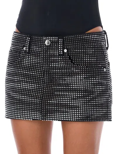 Alexander Wang All-over Crystal Denim Mini Skirt In Washed Balck