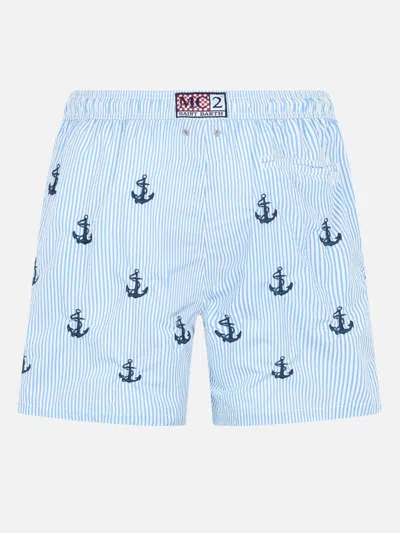 Mc2 Saint Barth Man Mid-length Seersucker Gustavia Swim Shorts With Anchors Embroidery In Sky