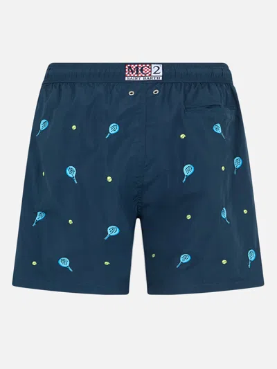 Mc2 Saint Barth Man Mid-length Gustavia Swim Shorts With Padel Embroidery In Blue