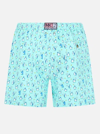 Mc2 Saint Barth Man Lightweight Fabric Swim-shorts Lighting Micro Fantasy With Penguins Print In Verde Acqua