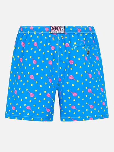 Mc2 Saint Barth Man Lightweight Fabric Swim-shorts Lighting Micro Fantasy With Padel Print In Sky