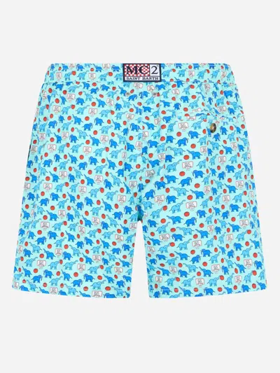 Mc2 Saint Barth Man Lightweight Fabric Swim-shorts Lighting Micro Fantasy With Elephant Print In Green