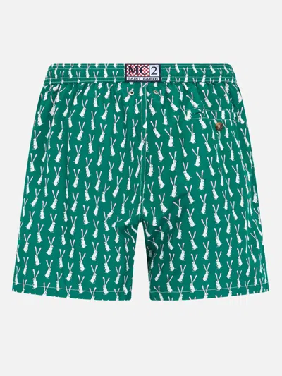 Mc2 Saint Barth Man Lightweight Fabric Swim-shorts Lighting 70 With Rabbit Print In Green
