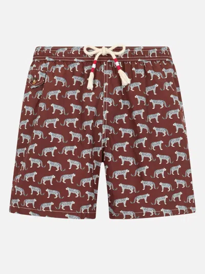 Mc2 Saint Barth Man Lightweight Fabric Swim-shorts Lighting 70 With Micro Cheeta Print In Brown