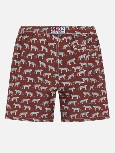 Mc2 Saint Barth Man Lightweight Fabric Swim-shorts Lighting 70 With Micro Cheeta Print In Brown