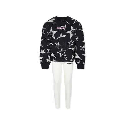 Diadora Black Suit For Girl With Logo In Multicolor