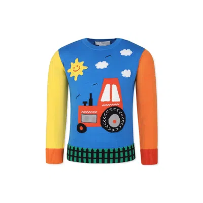 Stella Mccartney Light Blue Sweater For Boy With Tractor In Multicolor