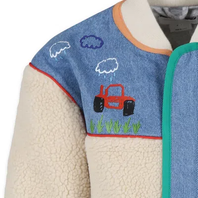 Stella Mccartney Ivory Faux Fur Coat For Boy With Tractor In Ivory