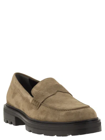 Hogan Men's H673 Suede Moccasin With Carrarmato Bottom Loafer In Beige