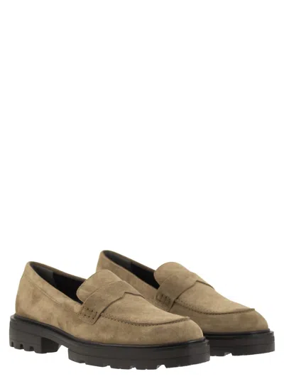 Hogan Men's H673 Suede Moccasin With Carrarmato Bottom Loafer In Beige