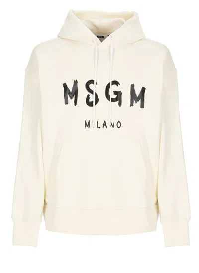 Msgm Cream Cotton Hoodie With Logo Print In Crema