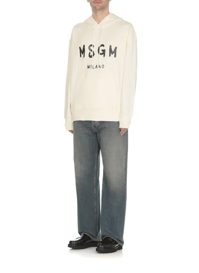 Msgm Cream Cotton Hoodie With Logo Print In Crema