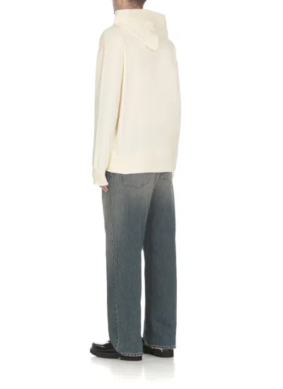 Msgm Cream Cotton Hoodie With Logo Print In Crema