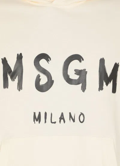 Msgm Cream Cotton Hoodie With Logo Print In Crema