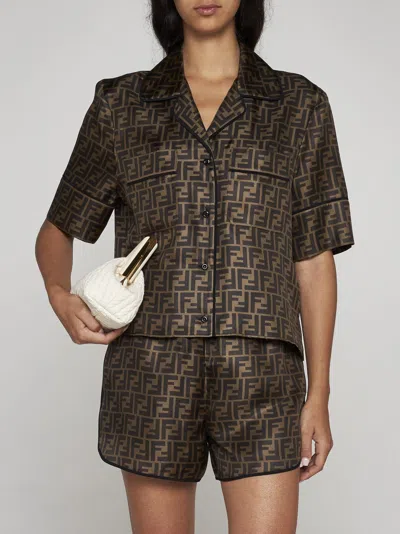 Shop Fendi Ff Silk Shirt + Shorts Pajamas Set In Marrone