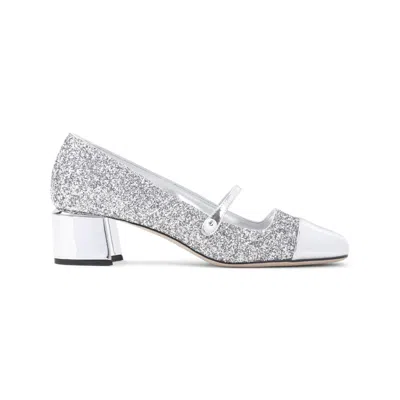 Jimmy Choo Glitter Mary Jane Pumps With Metallic Accents In Silver Silver