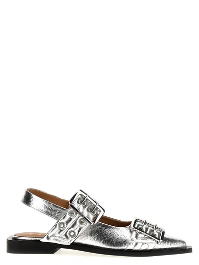 Shop Ganni Wide Belt Buckle Ballet Flats In Silver