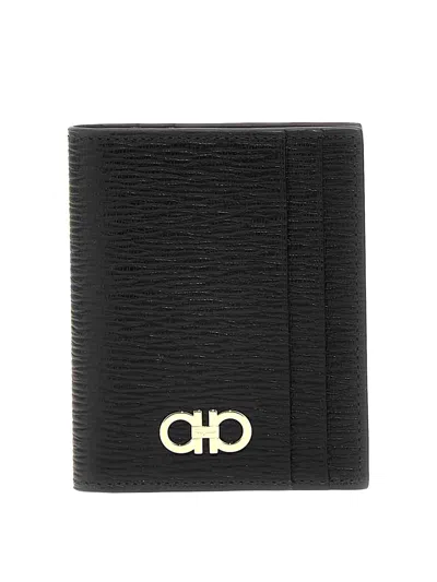 Ferragamo Black Cardholder With Gold-tone Gancini Logo In Calf Leather Man In Black