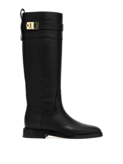 Ferragamo Tall Square-toe Boots Gold Hardware In Black
