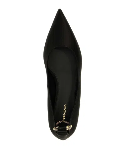Ferragamo Dada T Chain-embellished Satin Point-toe Flats In Black