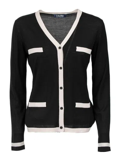 Max Mara V-neck Button-down Sweater With Contrasting Trim In Black