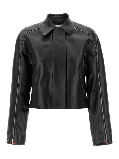 Ferragamo Short Leather Jacket With Collar And Zipper In Black