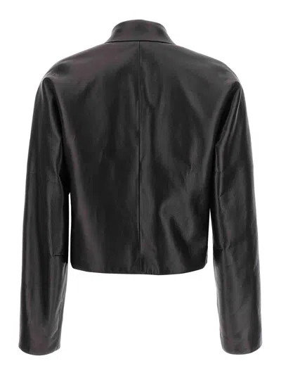 Ferragamo Short Leather Jacket With Collar And Zipper In Black
