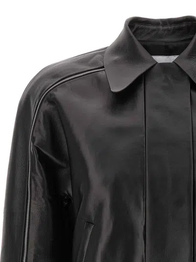 Ferragamo Short Leather Jacket With Collar And Zipper In Black