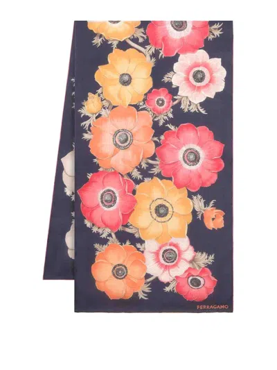 Ferragamo Anemone Print Silk Scarf In Blue