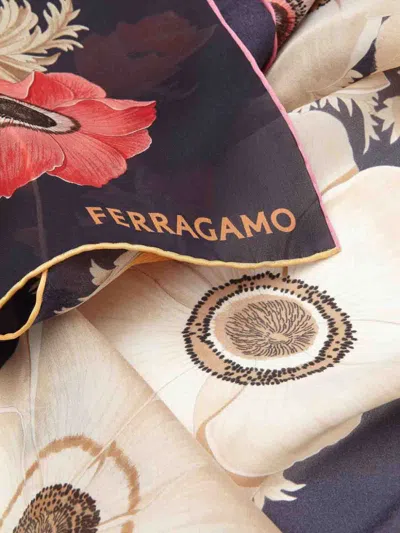 Ferragamo Anemone Print Silk Scarf In Blue