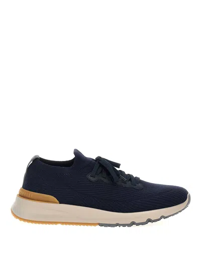 Brunello Cucinelli Leather-trimmed Stretch-knit Sneakers In Blue