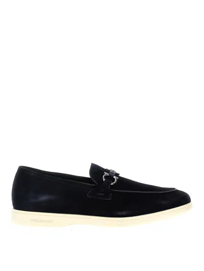 Ferragamo Leather Loafers With Gancini Ornament In Blue