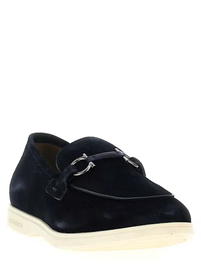 Ferragamo Leather Loafers With Gancini Ornament In Blue