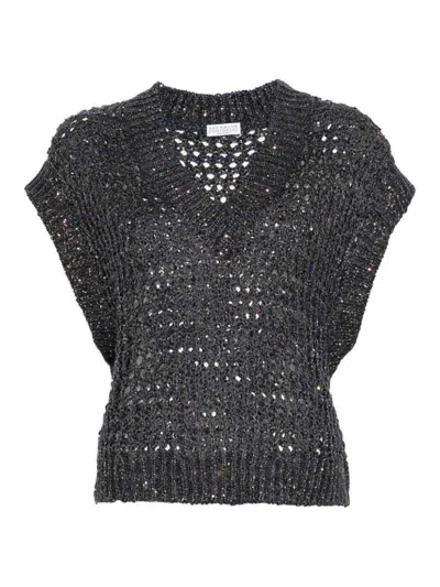 Brunello Cucinelli Sequin-embellished Open-knit Vest In Blue