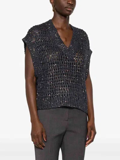 Brunello Cucinelli Sequin-embellished Open-knit Vest In Blue