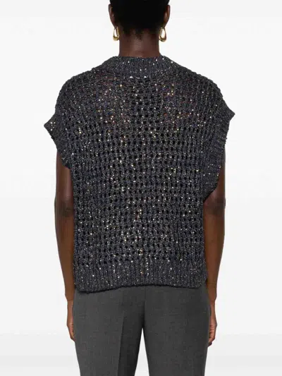 Brunello Cucinelli Sequin-embellished Open-knit Vest In Blue