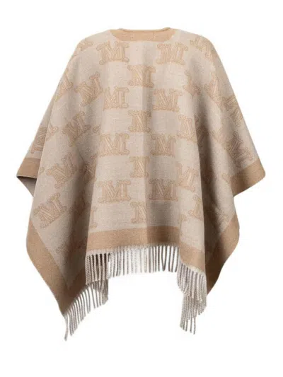 Max Mara All-over Logo Patterned Fringed Edge Cape In Brown
