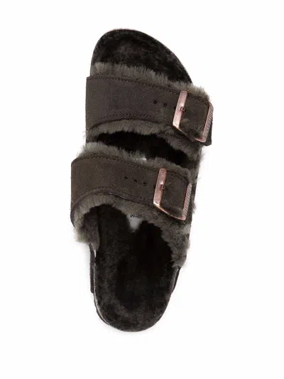 Birkenstock Arizona Brown Fur Suede Slides In Brown