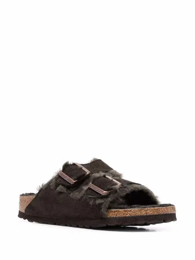 Birkenstock Arizona Brown Fur Suede Slides In Brown