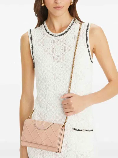 Tory Burch Fleming Soft Caviar Leather Wallet On A Chain In Light Pink
