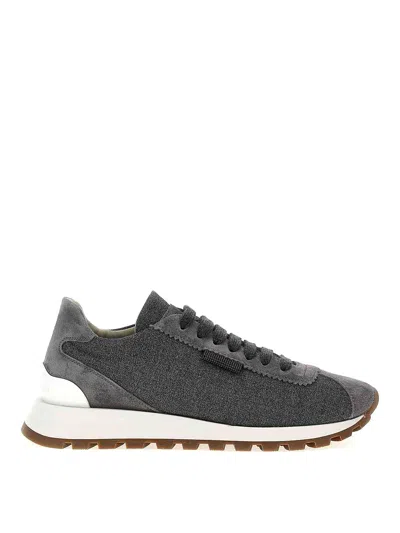 Brunello Cucinelli Low-top Rubber Sole Sneakers With Suede Accents In Grey