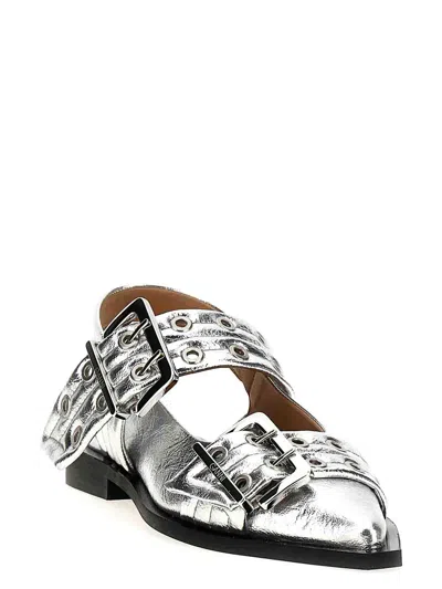 Ganni Buckle Metallic Ballerinas In Silver