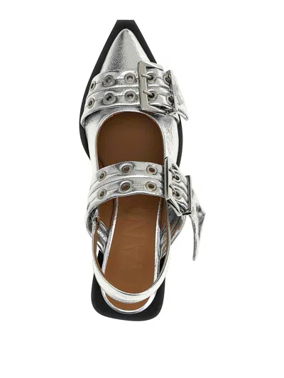 Ganni Buckle Metallic Ballerinas In Silver
